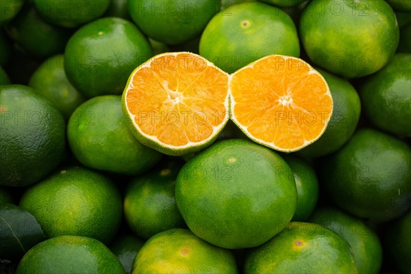 Freshly picked green tangerines mandarines