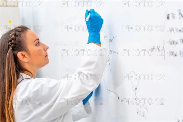 Side view of a scientist using a white board to write data