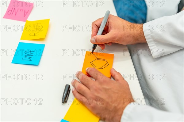 Close-up of hands of a scientist writing notes during a brainstorming process in a lab