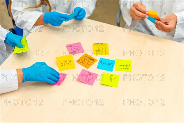 Close-up photo of group of scientists during a brainstorm study using notes in lab