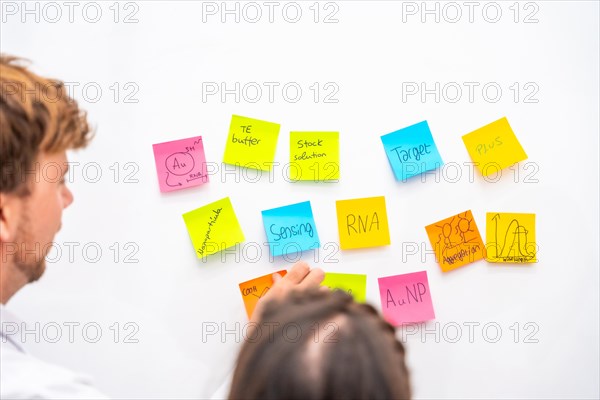 Rear view of a group of biologists in a creative brainstorming process with notes