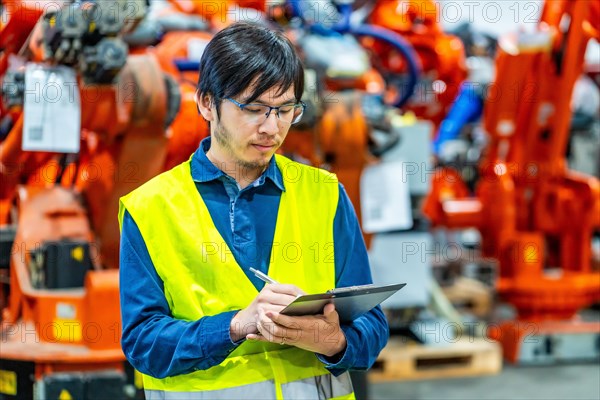 Manager of a industrial robots at the automated manufacturing factory assembly line