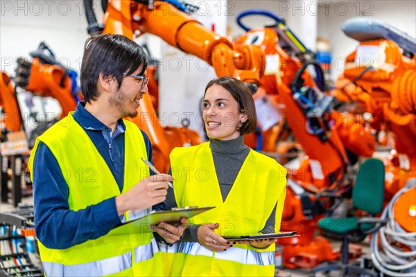 Multi-ethnic young engineers chatting distracted while inspecting a assembly line of robotic arms