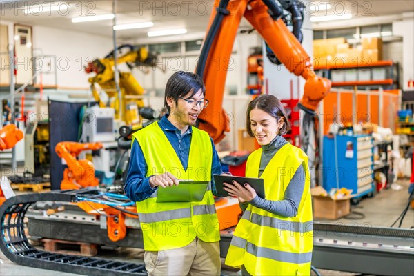 Engineers using digital tablet to control the production of a robotic arm factory