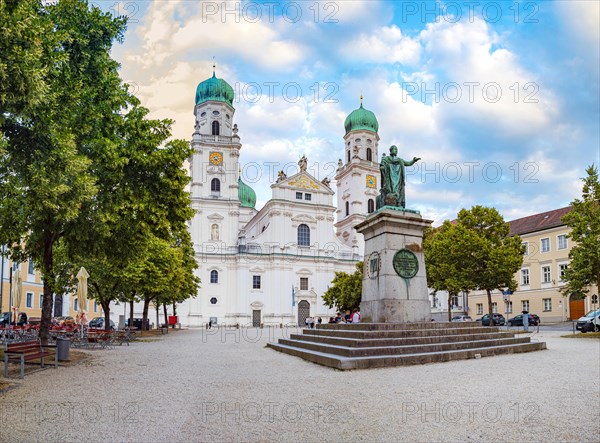 Passau Cathedral Square with Monument to King Maximilian I Joseph of Bavaria and St. Stephen's Cathedral in Passau