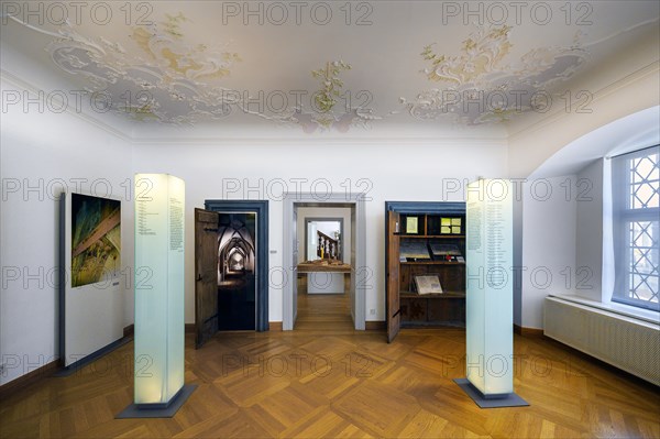 Info columns and stucco ceiling in the museum of the monastery