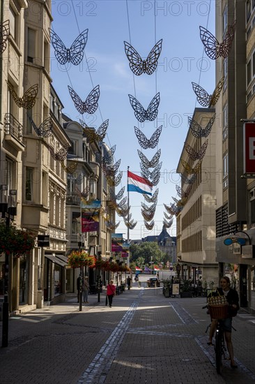 Rue Philippe II with decorative butterflies in the air and the Luxembourg flag on a pole in the park in the background Viewing platform Place du Nation