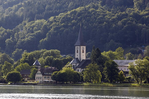 View over Lake Ossiach to Ossiach Abbey