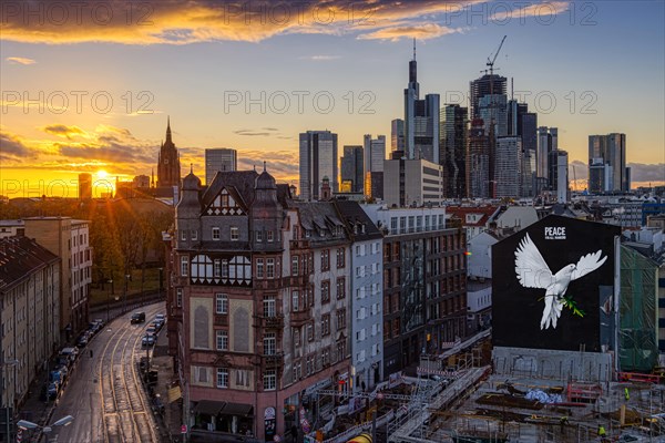 PEACE FOR ALL MANKIND is written above the image of a giant dove of peace on the wall of a house in Frankfurt am Main: a message of peace in the contemporary historical context of the escalated Middle East conflict and the ongoing war of aggression in Ukraine