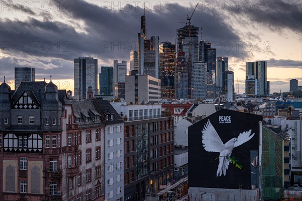 PEACE FOR ALL MANKIND is written above the image of a giant dove of peace on the wall of a house in Frankfurt am Main: a message of peace in the contemporary historical context of the escalated Middle East conflict and the ongoing war of aggression in Ukraine