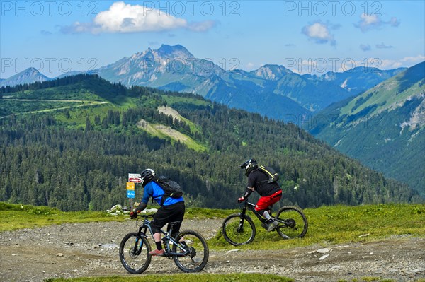 Two mountain bikers on an alpine descent in the Chablais Geopark