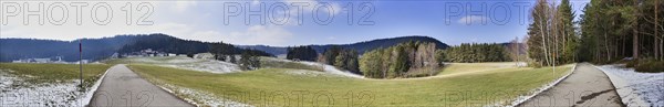 240 degree panorama of a landscape in the Black Forest with remnants of snow near Lauterbach
