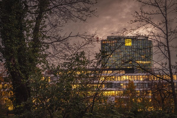 The ADAC headquarters in Munich on an autumn evening