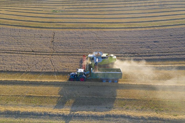 Aerial view over combine harvester and tractor with trailer harvesting oilseed rape