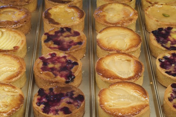 Pastries on display in pastry shop