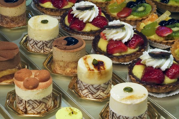 Pastries on display in pastry shop