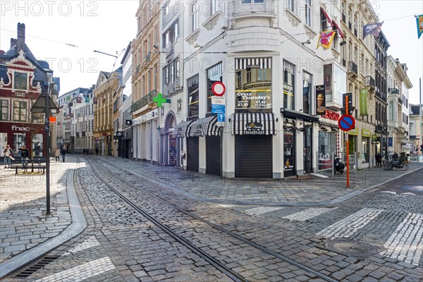 Closed shops in deserted shopping street Veldstraat