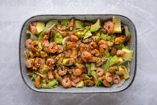 Top view of salad with shrimp