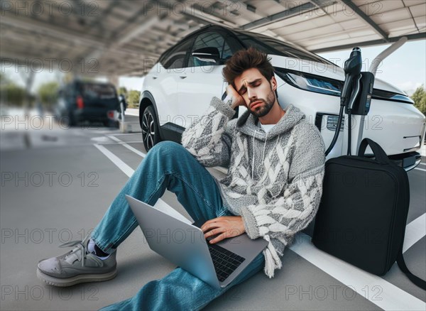 Sleepy bored caucasian casual business elegant fahionista remote working man with laptop wait ev electric hybrid car suv full charge battery to continue travel