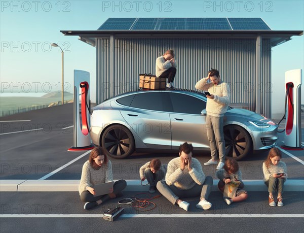 Sleepy bored family people waiting ev electric hybrid car suv to charge battery to continue travel