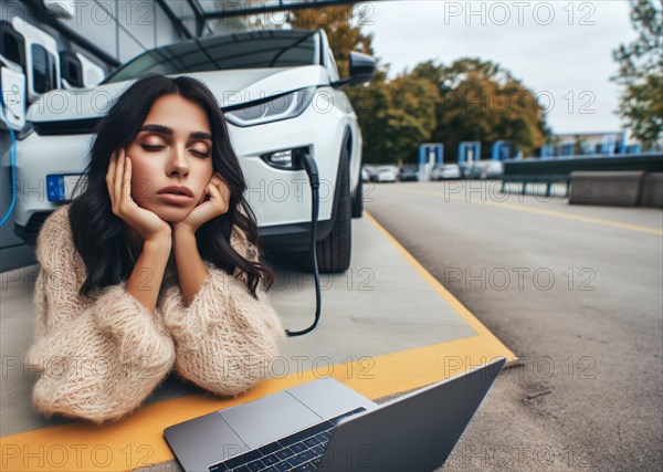 Sleepy bored patient young brunette hispanic woman waiting ev electric hybrid car suv to charge battery to continue travel