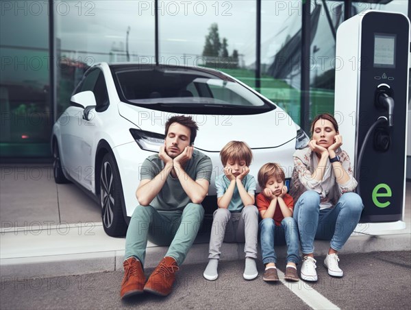 Sleepy bored family people waiting ev electric hybrid car suv to charge battery to continue travel