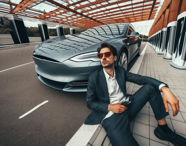Sleepy bored adult caucasian business fahionista young caucasian man wearing suit and sunglasses wait ev electric hybrid car suv full charge battery to continue travel art ai generated