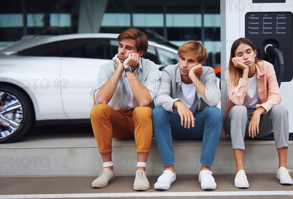 Sleepy bored patient young caucasian friends sit