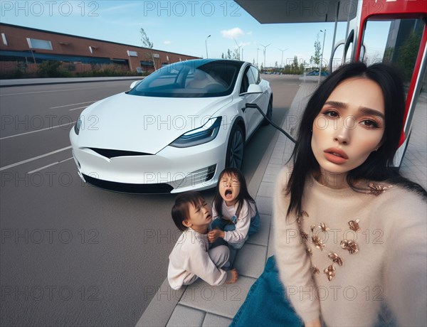 Sleepy bored desperate Mixed-race asian mother and kids wait ev electric hybrid car suv full charge battery to continue travel 3d render art ai generated