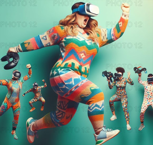 Plus size young caucasian women wearing pajamas and vr googles play sport run gaming total immersion