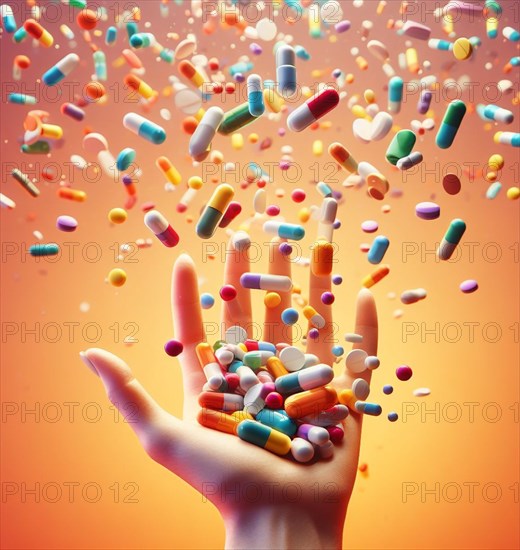 A hand full of flying colourful capsules pills medicines antibiotics prescriptions and supplements for cadiopathy or diabetes