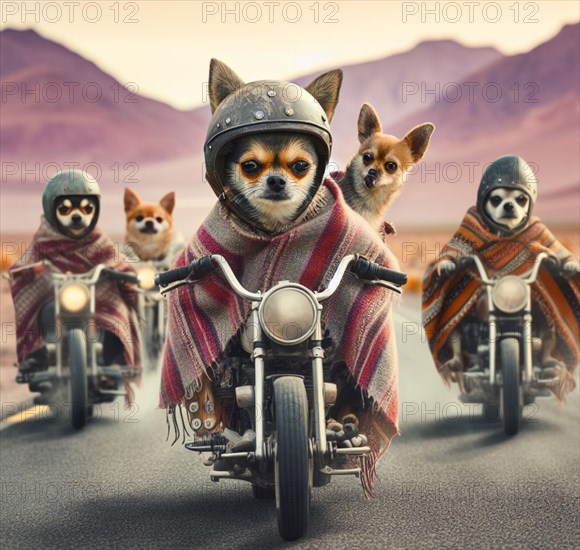 Funny bad chichuahuas dogs gang riding hot rod steampunk motorcycles wearing ponchos in desert road on a lomg trip at sunset art ai generated