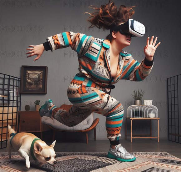 Plus size young caucasian woman wearing pajamas and vr googles play sport run gaming total immersion