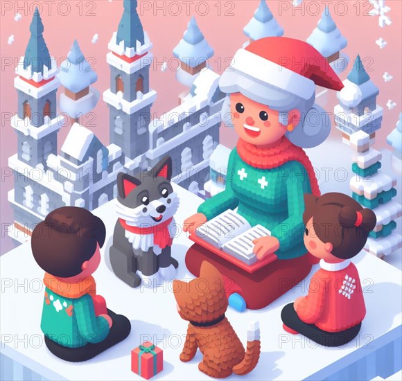 Granda telling christmas fairy tales to children and pets near a castle while snowing during xmas holidays