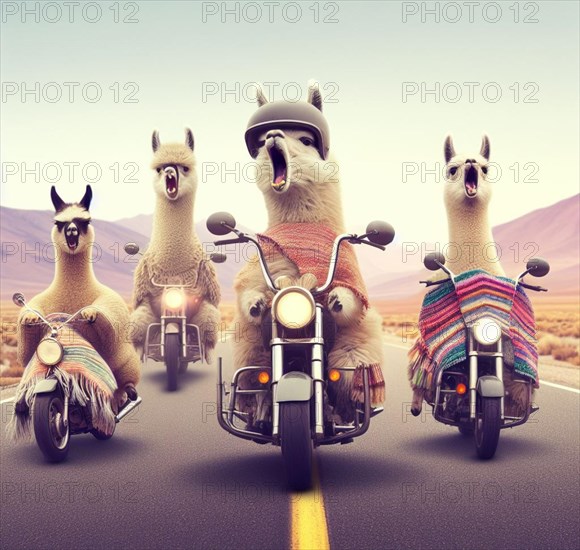 Funny bad lama gang riding hot rod steampunk motorcycles wearing ponchos and goggles in desert road on a long trip at sunset art ai generated
