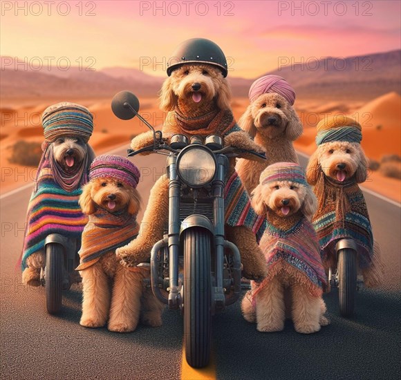 Funny bad labradoodle dogs gang riding hot rod steampunk motorcycles wearing ponchos and goggles in desert road on a long trip at sunset art ai generated