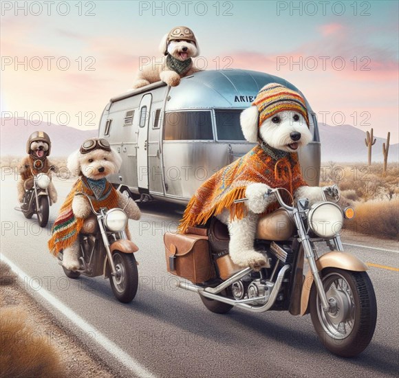 Funny bad labradoodle dogs gang riding hot rod steampunk motorcycles wearing ponchos and goggles in desert road on a long trip at sunset art ai generated