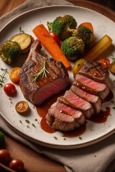 Delicious fried meat steak on a wooden plate srrounded by veggies