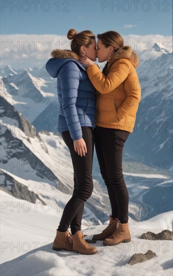 Elegant fashionista gay couple kiss on the top of the swiss alps