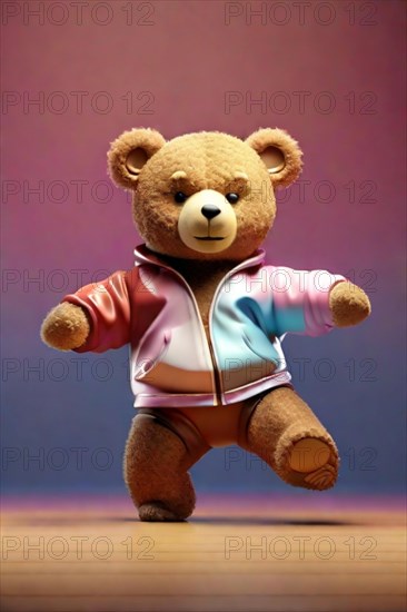 Fashionista peluche bear toy breakdance hiphop dancer strike the pose over solid studio background 3d render