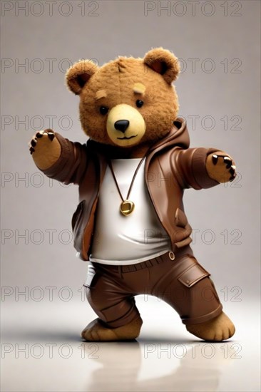 Fashionista peluche bear toy breakdance hiphop dancer wearing hoodie strike the pose over solid studio background 3d render