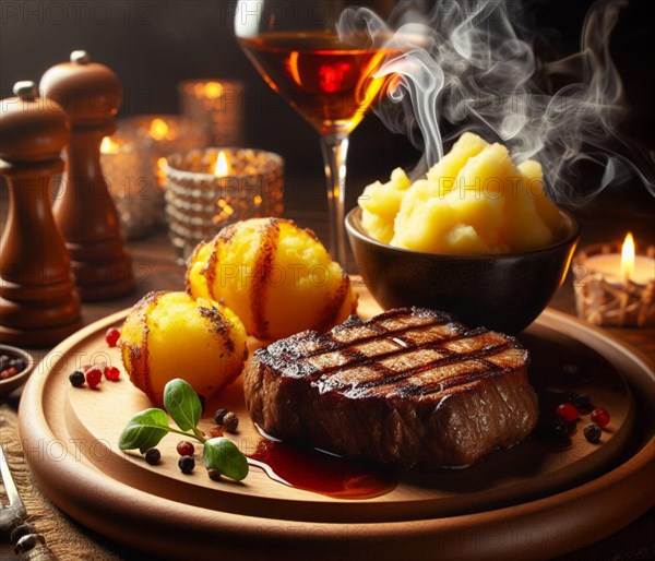 A grilled smoking bovine red meat sirloin steak in a wood dish