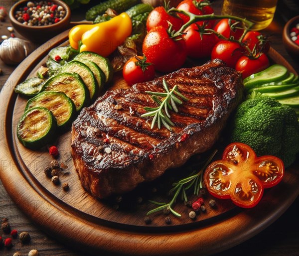 A grilled smoking bovine red meat entrecote steak in a wood dish