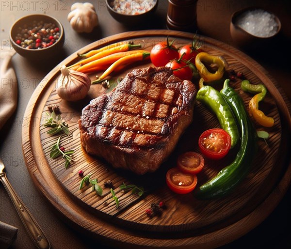 A grilled smoking bovine red meat sirloin steak in a wood dish