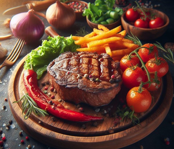 A grilled smoking bovine red meat sirloin steak perfectly coocked in a wood dish