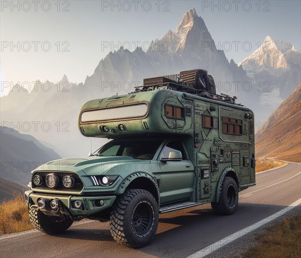 Matte green custom offroad american mustang 4x4 lifted vintage custom camper conversion jeep overlanding in mountain roads