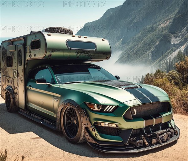 Green matte custom offroad 4x4 american muscle car lifted vintage custom camper conversion jeep overlanding in mountain roads