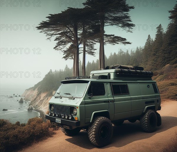 Green matte custom tuned powerful 4x4 lifted vintage custom camper conversion jeep overlanding in mountain roads