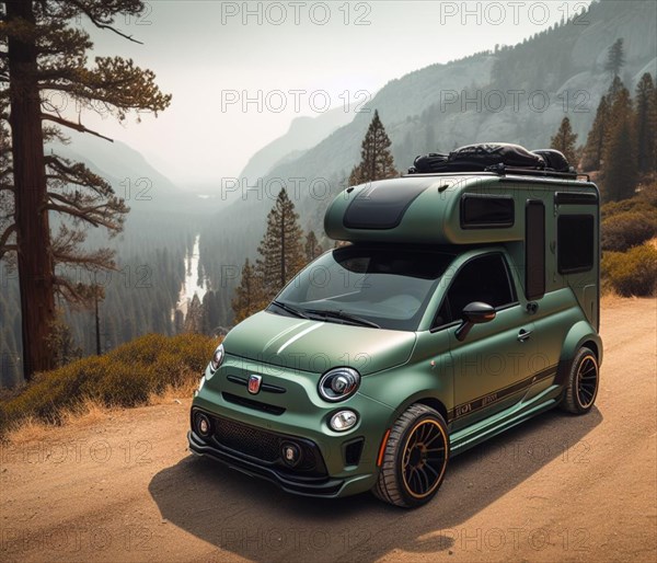 Green matte custom offroad italian tuned smart little powerful 2 door 4x4 lifted vintage custom camper conversion jeep overlanding in mountain roads