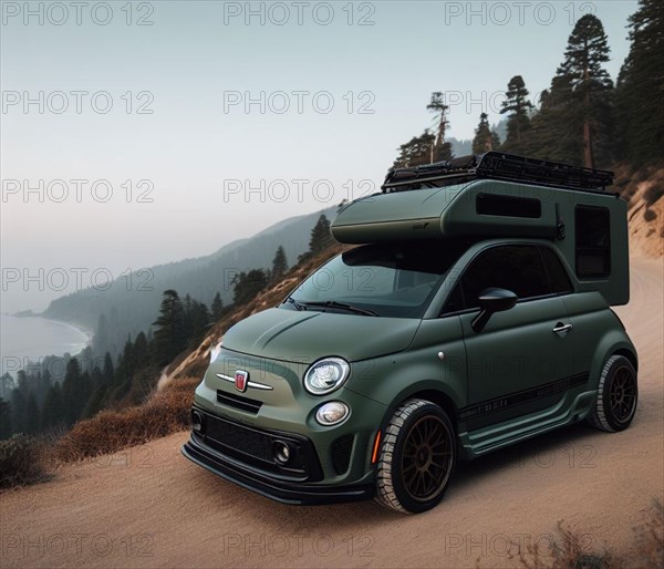 Green matte custom offroad italian tuned smart little powerful 2 door 4x4 lifted vintage custom camper conversion jeep overlanding in mountain roads